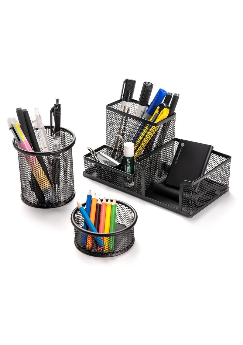 مجموعة حامل أقلام متعددة الوظائف من 3 قطع مصنوعة من شبكة معدنية سوداء - منظم مكتب دائري من الفولاذ للمكتب والمدرسة والمنزل - حامل أقلام رصاص ومقص وأدوات مكتبية - تصميم أسطواني متين من شبكة سلكية. - Image 1