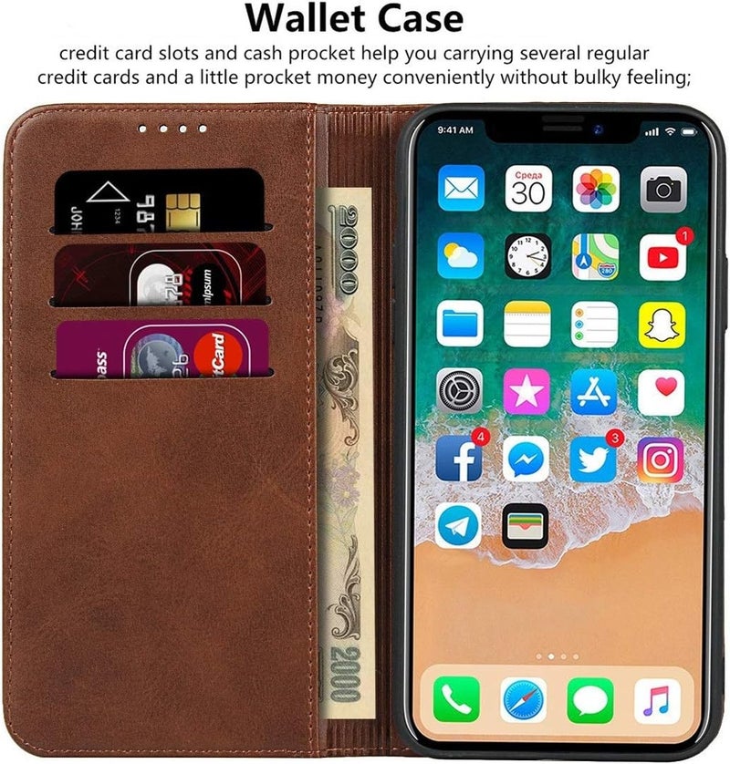 آي كوفر كايس حافظة لهاتف iPhone 11 Pro Max مع حامل بطاقات، من الجلد PU مع خاصية الحامل المغناطيسي، مقاومة للصدمات، غطاء قابل للطي - بني داكن - Image 3