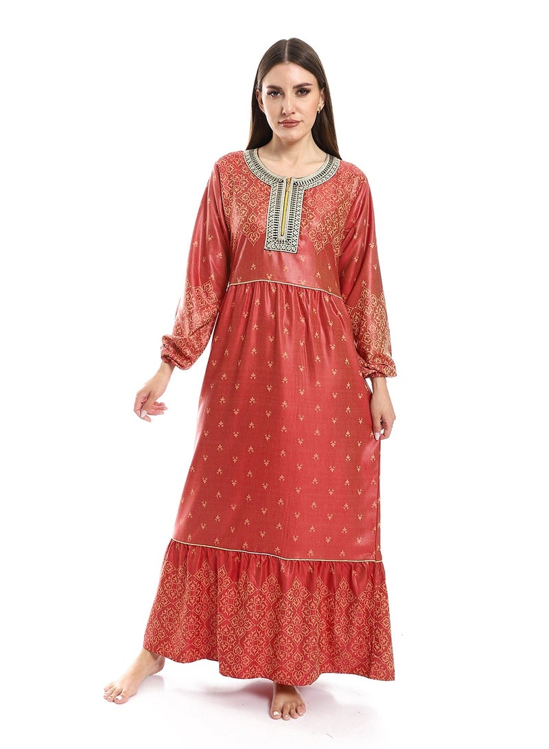 Jacquard Cotton Dress with Cerma Embroidered Chest and Zipper - 603 Red - Image 1