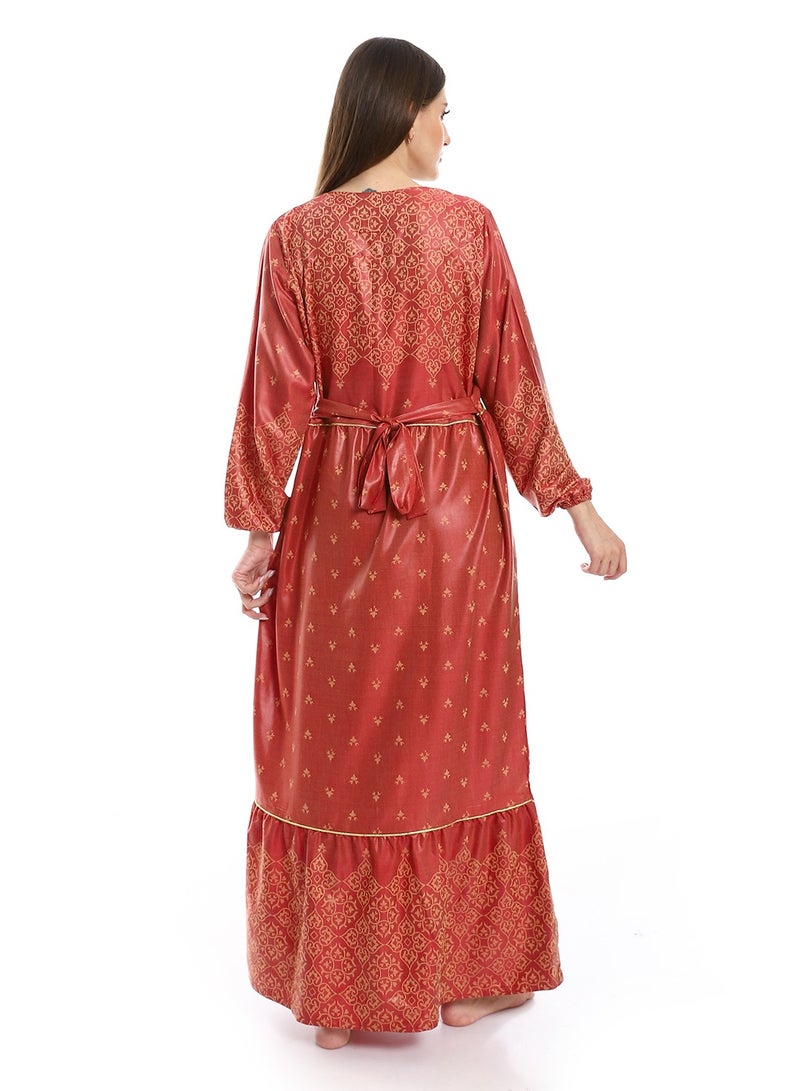 Jacquard Cotton Dress with Cerma Embroidered Chest and Zipper - 603 Red - Image 2