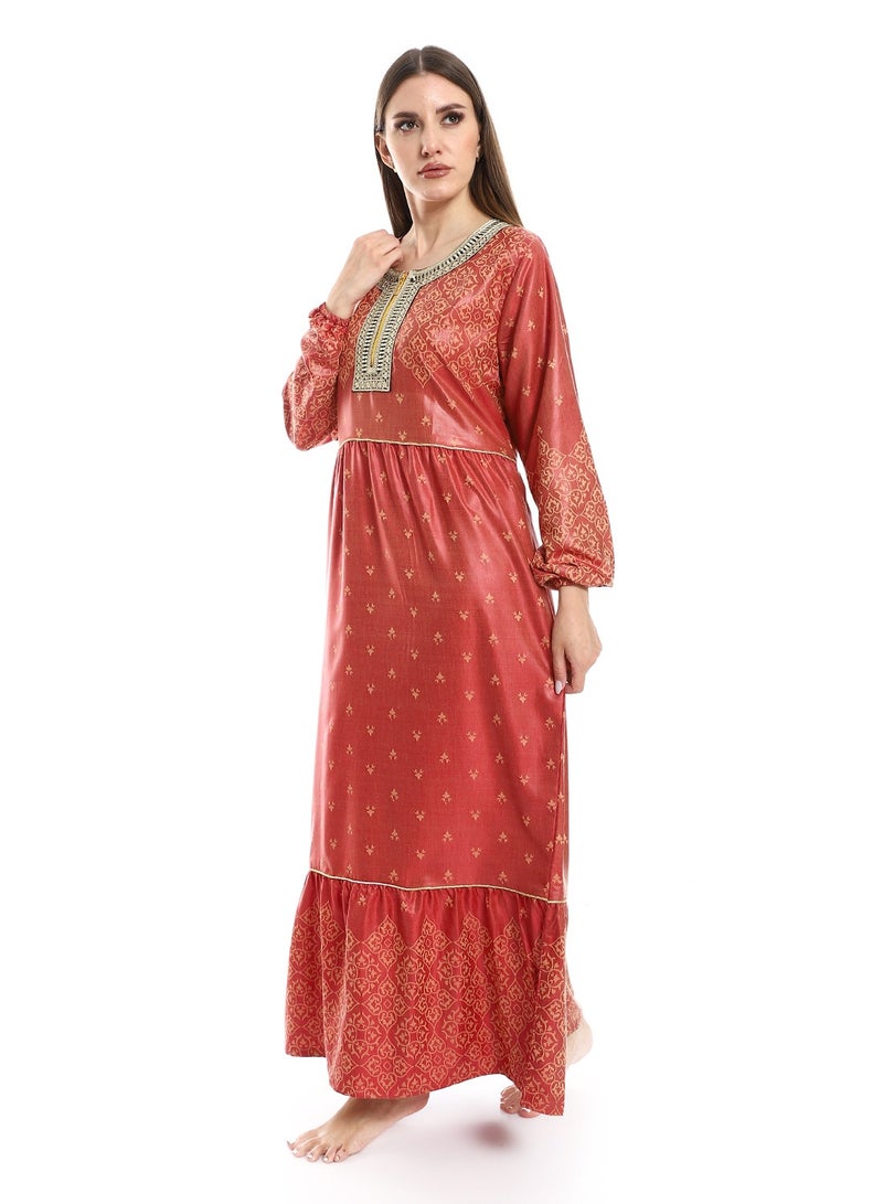 Jacquard Cotton Dress with Cerma Embroidered Chest and Zipper - 603 Red - Image 3