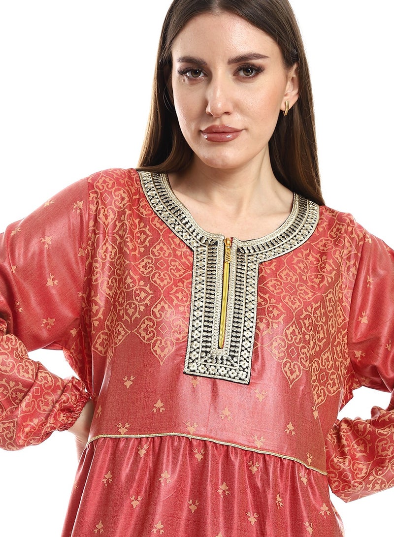 Jacquard Cotton Dress with Cerma Embroidered Chest and Zipper - 603 Red - Image 4