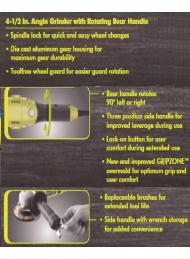 ريوبي مطحنة زاوية سلكية Ryobi AG454، 7.5 أمبير، 120 فولت تيار متردد، 11000 دورة في الدقيقة، بمقبض دوار خلفي - Image 5