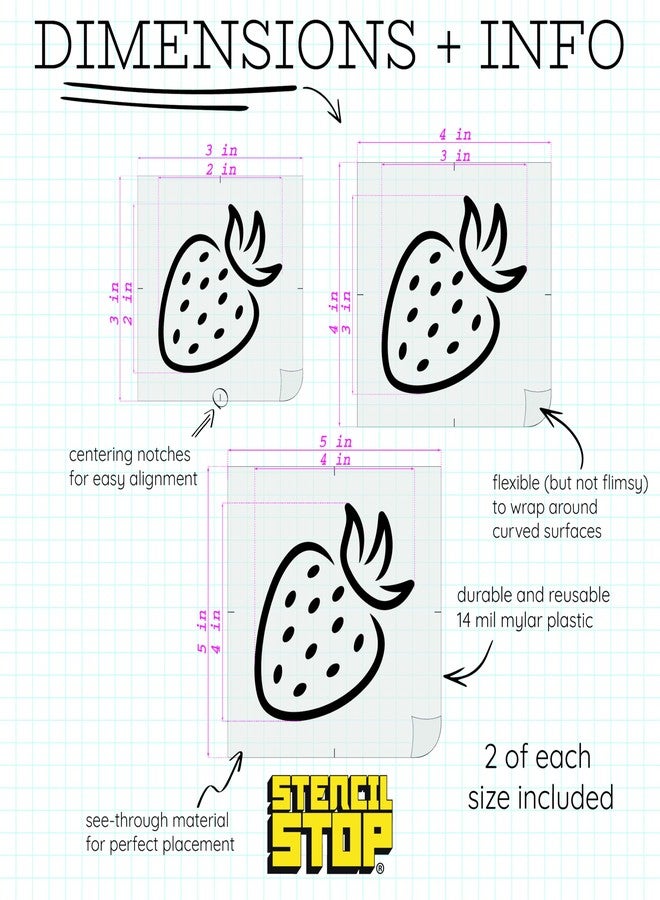 Stencil Stop Strawberry Stencil - Reusable for DIY Projects, Painting, Drawing, Crafts - 14 Mil Mylar Plastic (6 Pack (2", 3", and 4", 2 Each)) - Image 2