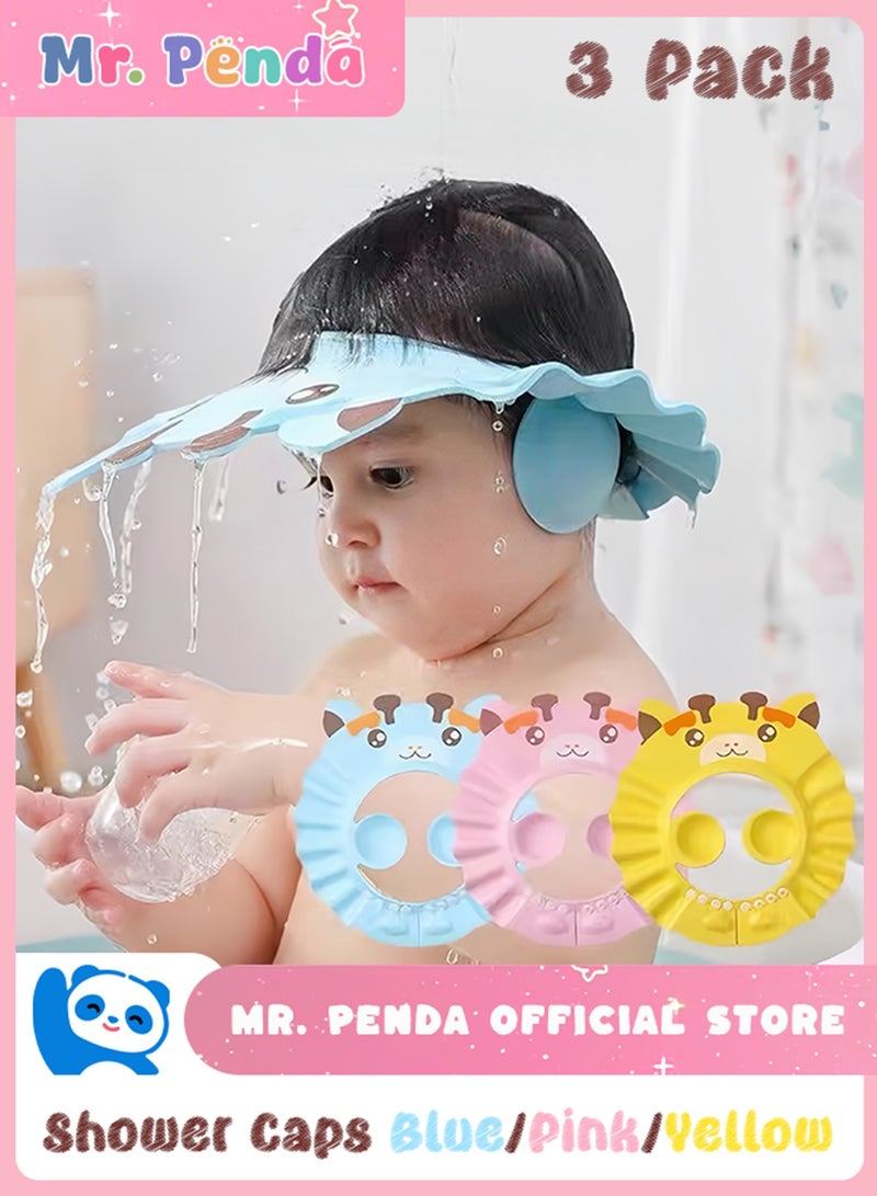 Mr. Penda 3 Pack Baby Shower Cap, Adjustable Silicone Shampoo Visor Bath Hat, Infants Soft Protection Safety, Protect Ear Eye Baby Hair Washing Aids for Baby Toddler Children Kids (Blue Pink Yellow) - Image 1