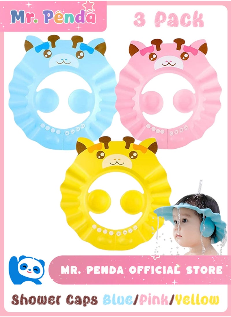 Mr. Penda 3 Pack Baby Shower Cap, Adjustable Silicone Shampoo Visor Bath Hat, Infants Soft Protection Safety, Protect Ear Eye Baby Hair Washing Aids for Baby Toddler Children Kids (Blue Pink Yellow)  - Image 1