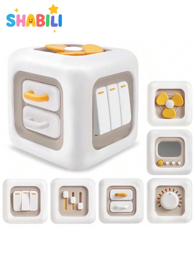 شبيلي مكعب نشاط مونتيسوري تعليمي للأطفال من عمر 12 شهراً فما فوق مفاتيح حسية أزرار مقابض درج مرآة آمنة مادة ABS 9x9x9 سم لعبة محمولة تنمي المهارات الحركية والتنسيق هدية عيد ميلاد للأولاد والبنات WHITE - Image 1