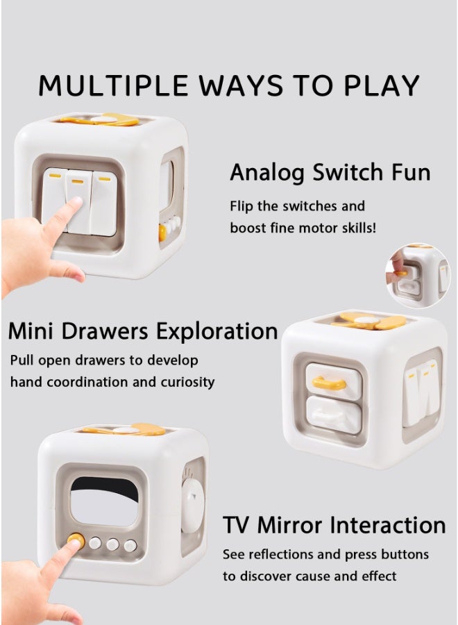 شبيلي مكعب نشاط مونتيسوري تعليمي للأطفال من عمر 12 شهراً فما فوق مفاتيح حسية أزرار مقابض درج مرآة آمنة مادة ABS 9x9x9 سم لعبة محمولة تنمي المهارات الحركية والتنسيق هدية عيد ميلاد للأولاد والبنات WHITE - Image 3