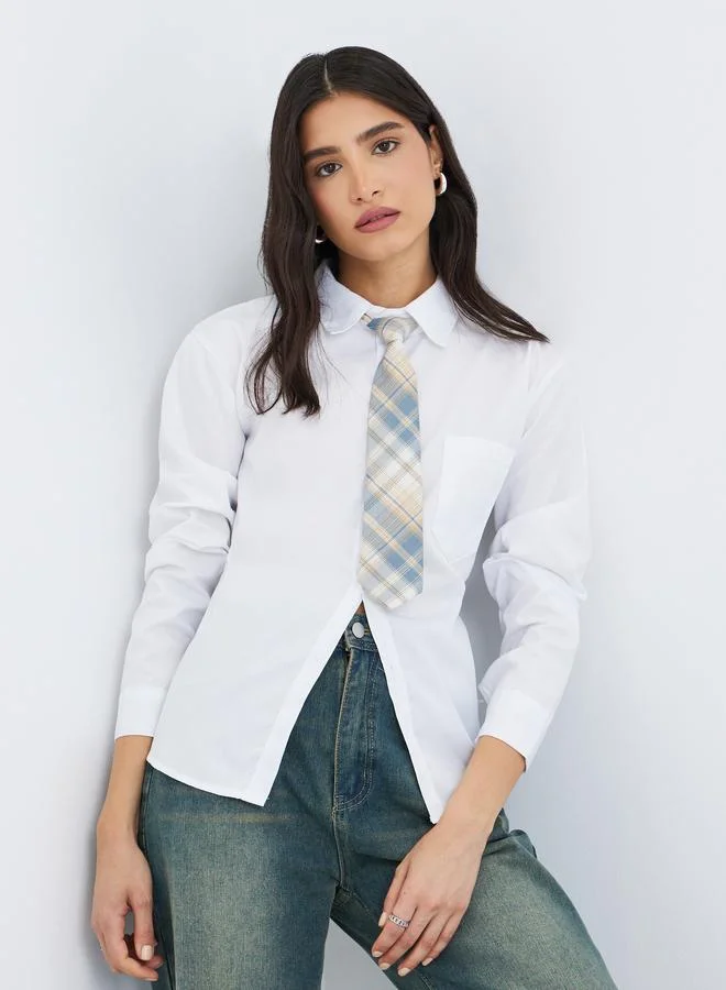 Take Two Solid Long Sleeves Shirt with Tie