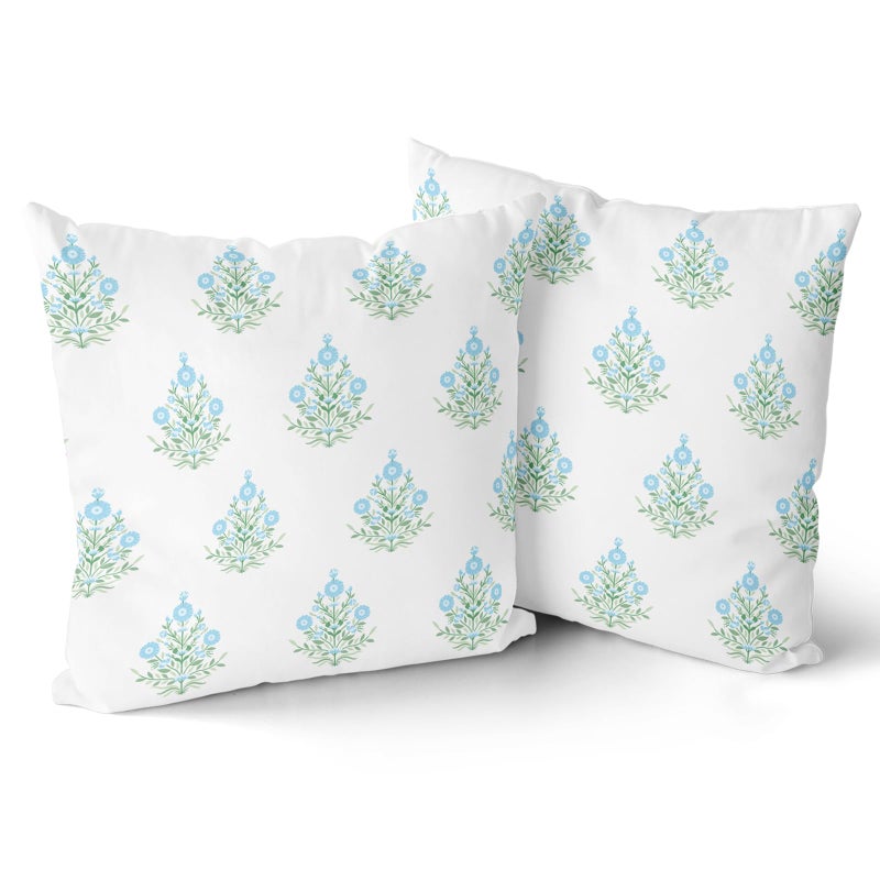 Giwawa Baby Blue Floral Pillow Covers 18x18 Inch Set of 2 Blue Green Flower Leaves Print Decorative Throw Pillow Cases Coastal Patio Farmhouse Decoration for Sofa Couch Bed - Image 1