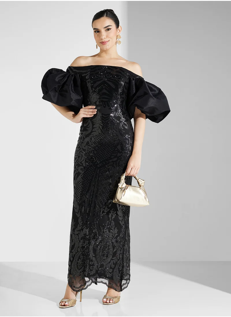 Namshi x Off Shoulder Organza Sleeves Sequin Embroidered Gown