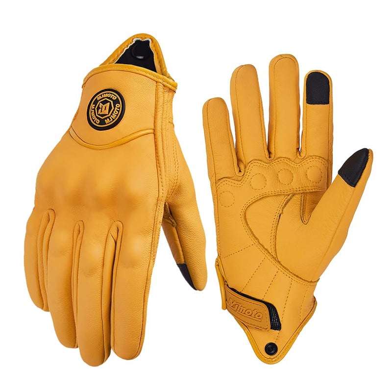 mjmoto Mens Classic Goat Leather Motorcycle Gloves Hard Knuckle Vintage Riding Gear Yellow XXLarge - Image 2