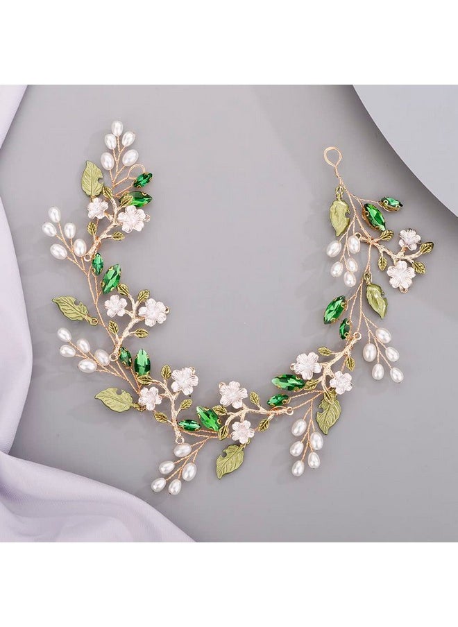 Chargances - Bride Green Rhinestone Leaf Headband Wedding Flower Pearl Hair Vine Crystal Bridal Prom Hair Accessories For Women And Girls - Image 1