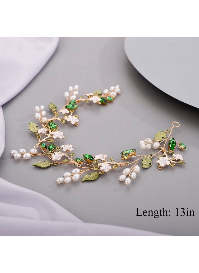 Chargances - Bride Green Rhinestone Leaf Headband Wedding Flower Pearl Hair Vine Crystal Bridal Prom Hair Accessories For Women And Girls - Image 1