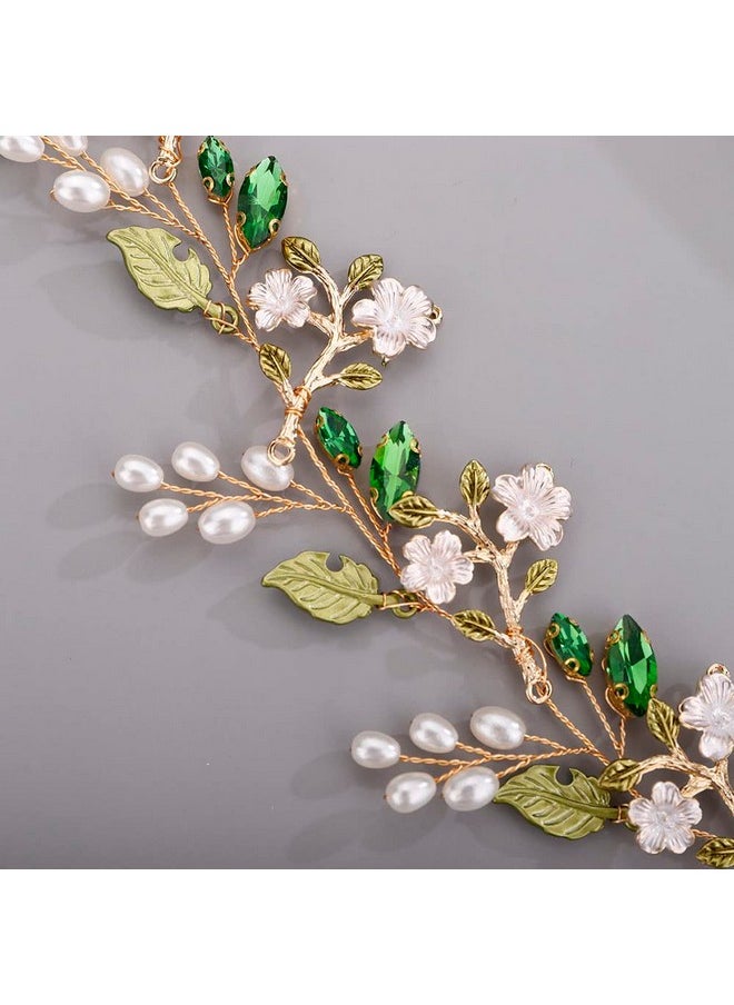 Chargances - Bride Green Rhinestone Leaf Headband Wedding Flower Pearl Hair Vine Crystal Bridal Prom Hair Accessories For Women And Girls - Image 1