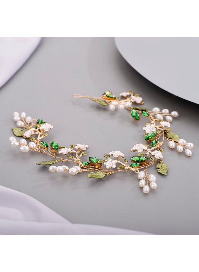 Chargances - Bride Green Rhinestone Leaf Headband Wedding Flower Pearl Hair Vine Crystal Bridal Prom Hair Accessories For Women And Girls - Image 1