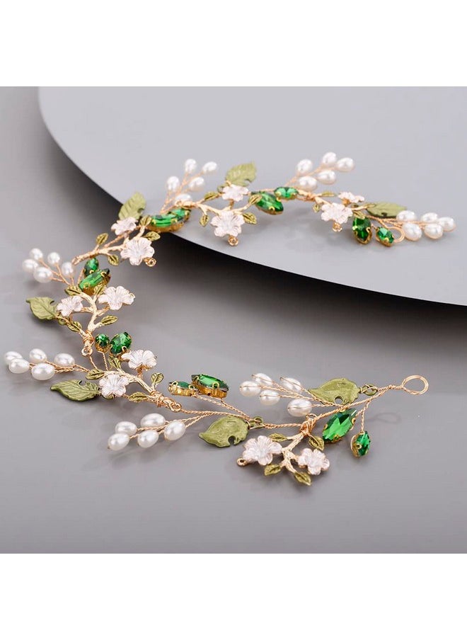 Chargances - Bride Green Rhinestone Leaf Headband Wedding Flower Pearl Hair Vine Crystal Bridal Prom Hair Accessories For Women And Girls - Image 1