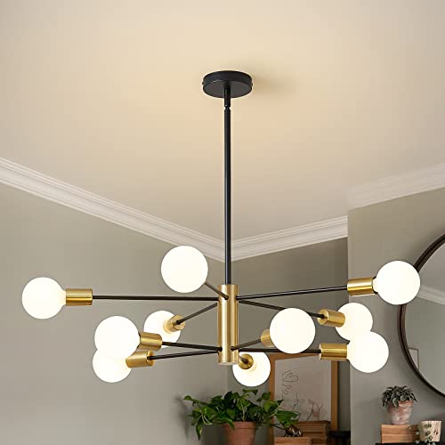 RUIYEY Sputnik Chandeliers Modern Black and Gold Chandeliers 10-Light Mid Century Farmhouse Chandelier Ceiling Light Fixture Height Adustable Pendant Light for Kitchen Island Living Room Dining Room - Image 1
