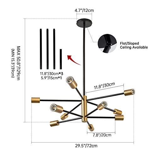 RUIYEY Sputnik Chandeliers Modern Black and Gold Chandeliers 10-Light Mid Century Farmhouse Chandelier Ceiling Light Fixture Height Adustable Pendant Light for Kitchen Island Living Room Dining Room - Image 5