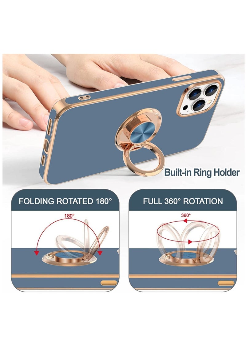 Raxoom Soft Silicon Shockproof Luxury Gold Lining Case Rotatable Magnetic Ring Grip Holder Car Mount Kickstand Cover Compatible for iPhone 14 Pro Max (Grey) - Image 2