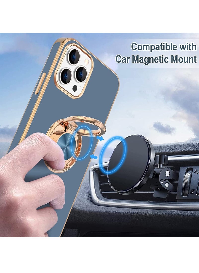 Raxoom Soft Silicon Shockproof Luxury Gold Lining Case Rotatable Magnetic Ring Grip Holder Car Mount Kickstand Cover Compatible for iPhone 14 Pro Max (Grey) - Image 3