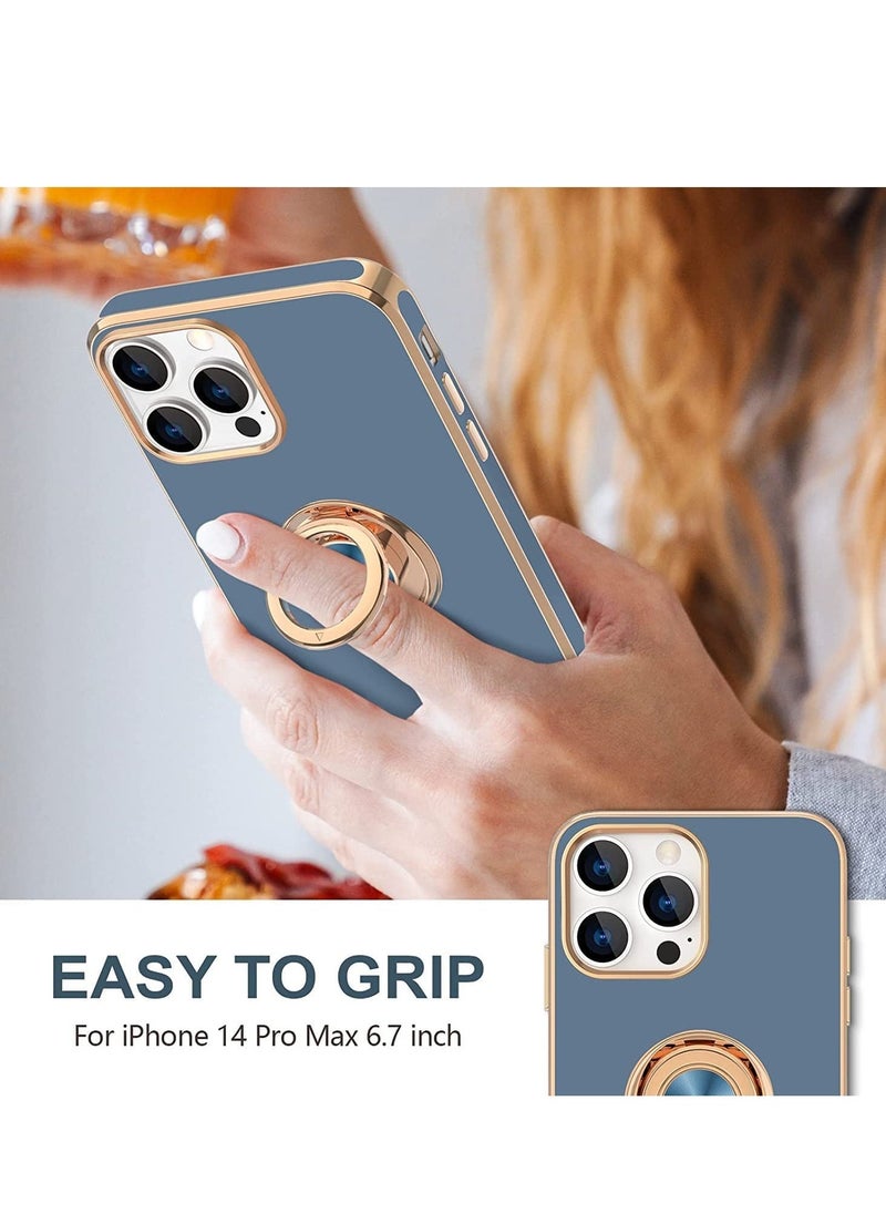 Raxoom Soft Silicon Shockproof Luxury Gold Lining Case Rotatable Magnetic Ring Grip Holder Car Mount Kickstand Cover Compatible for iPhone 14 Pro Max (Grey) - Image 4