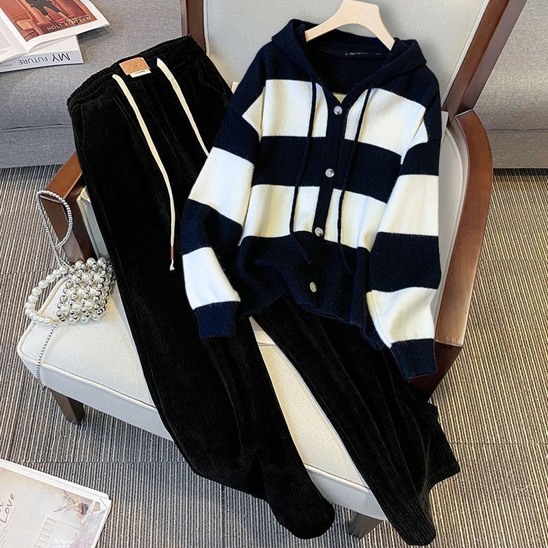 Plus Size Womens Clothing 2024 Autumn and Winter New Hooded Sweater Jacket Fat Girl Fashion Slimming Look and Flesh-Covering Two-Piece Suit Top + pants two-piece set