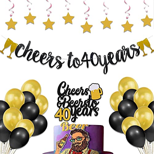 Festiko®40th Birthday Decoration Cheers to 40 Years Decor for Men Women Happy 40th Birthday Wedding Anniversary Party Supplies Black Glitter Decorations Combo(Banner,Swirls,Cake Topper,Balloons) - Image 1