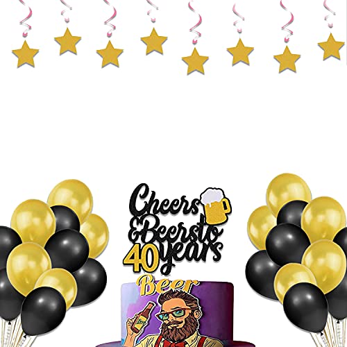 Festiko®40th Birthday Decoration Cheers to 40 Years Decor for Men Women Happy 40th Birthday Wedding Anniversary Party Supplies Black Glitter Decorations Combo(Banner,Swirls,Cake Topper,Balloons) - Image 3