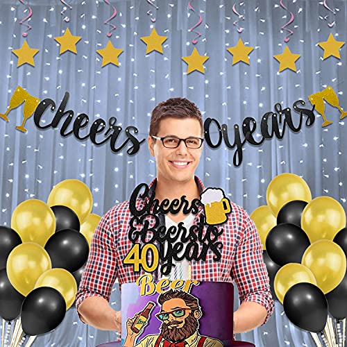 Festiko®40th Birthday Decoration Cheers to 40 Years Decor for Men Women Happy 40th Birthday Wedding Anniversary Party Supplies Black Glitter Decorations Combo(Banner,Swirls,Cake Topper,Balloons) - Image 5
