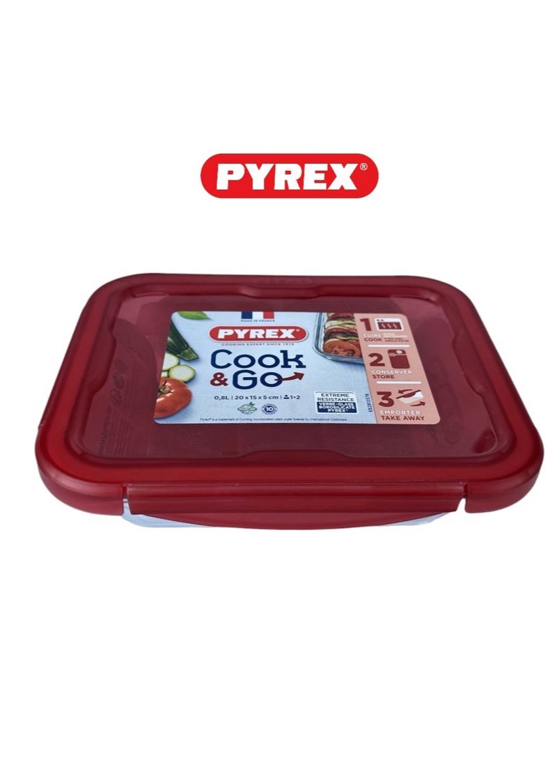 Pyrex Cook&Go 0.8L Rectangle Storage Dish with Airtight Lid - Versatile Freezer-to-Oven Solution Red 0.8Liters - Image 1