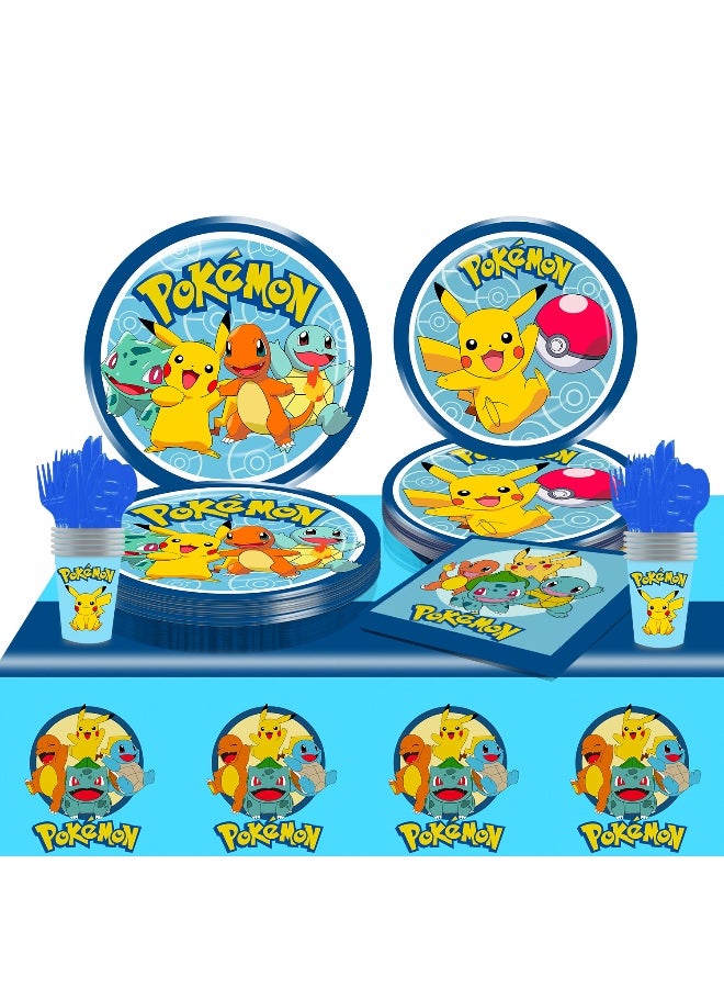 81 Piece Pokemon Party Decoration Set -Paper Plates, Paper Cups, Napkins, Tablecloths, Knifves, Forks and Spoons - 10 Servings - Image 1