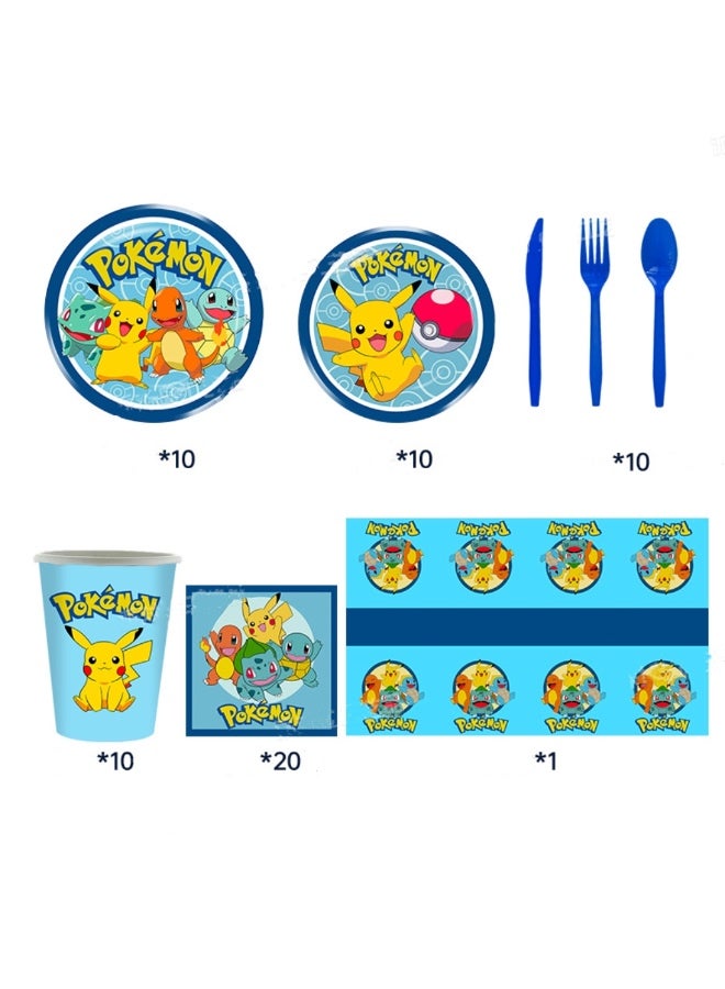 81 Piece Pokemon Party Decoration Set -Paper Plates, Paper Cups, Napkins, Tablecloths, Knifves, Forks and Spoons - 10 Servings - Image 2