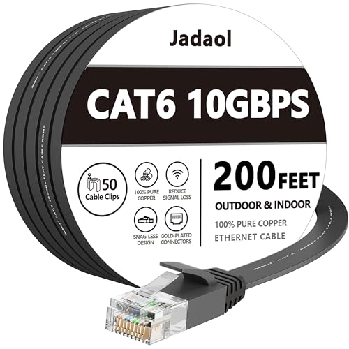 Jadaol Cat 6 Ethernet Cable 200ft (60.96m), Outdoor & Indoor, 10Gbps Support Cat 8 Cat 7 Network, Long Flat Internet Lan Patch Cord, Cat6 High Speed Weatherproof Cable for Router, Modem, Switch, Black - Image 1