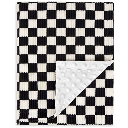 BEILIMU Baby Blanket for Boys Comfy Durable Corduroy Toddler Blanket with Double Layer Dotted Backing Checkerboard Grid Chessboard Gingham Warmer Bed Blankets for Newborn Infants Black, 30x40 Inches - Image 1
