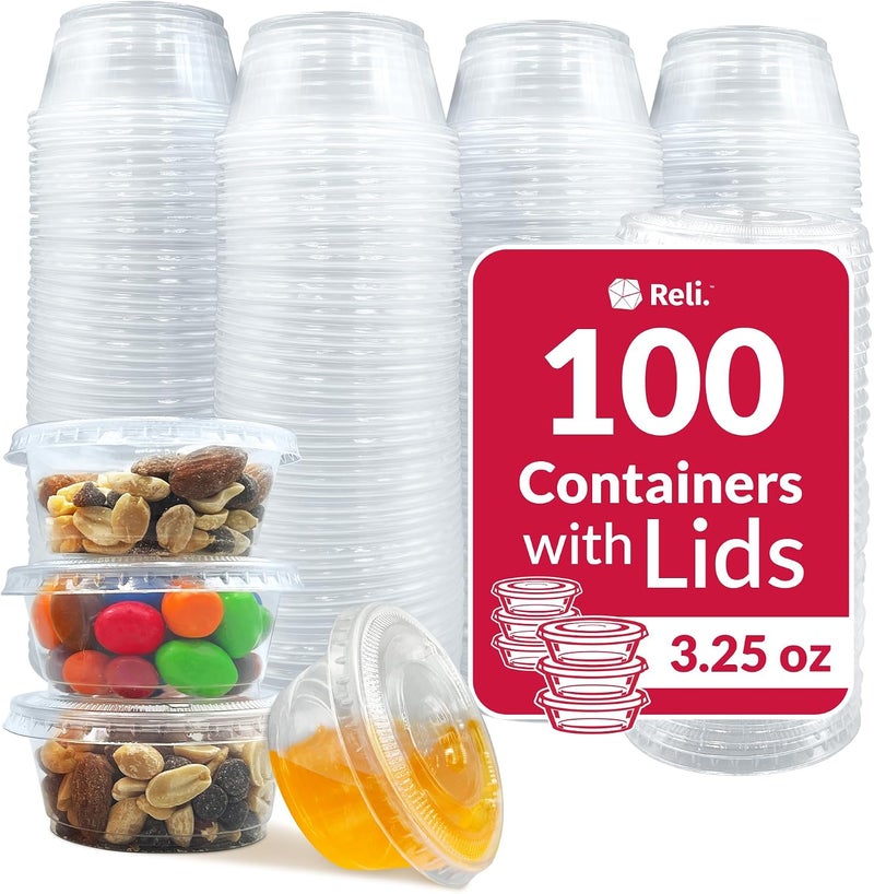 Reli. 3.25 oz Condiment Containers with Lids (100 sets) | Ideal for Sauce, Souffle, Samples, Jello Shot Cups | Disposable, BPA-Free Plastic | Small Containers 3.25oz, Bulk - Image 1