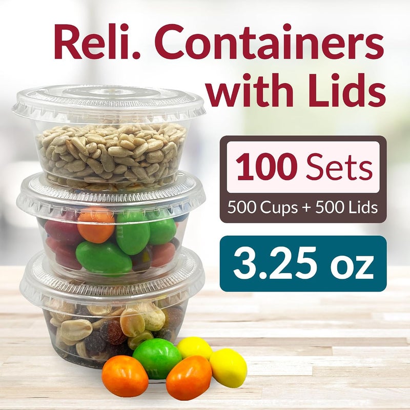 Reli. 3.25 oz Condiment Containers with Lids (100 sets) | Ideal for Sauce, Souffle, Samples, Jello Shot Cups | Disposable, BPA-Free Plastic | Small Containers 3.25oz, Bulk - Image 2