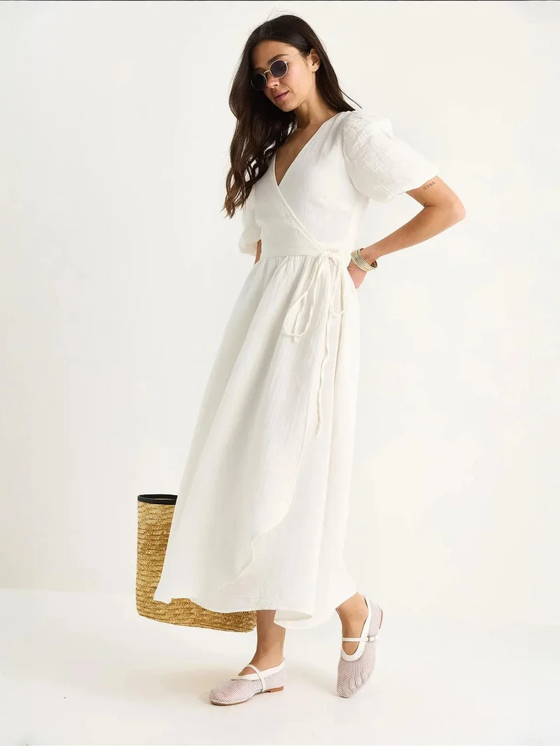 Bianco Lucci Beige Natural LUCCI Textured V-neck Midi Dress with Wrap Closure for Women | Best Price UAE