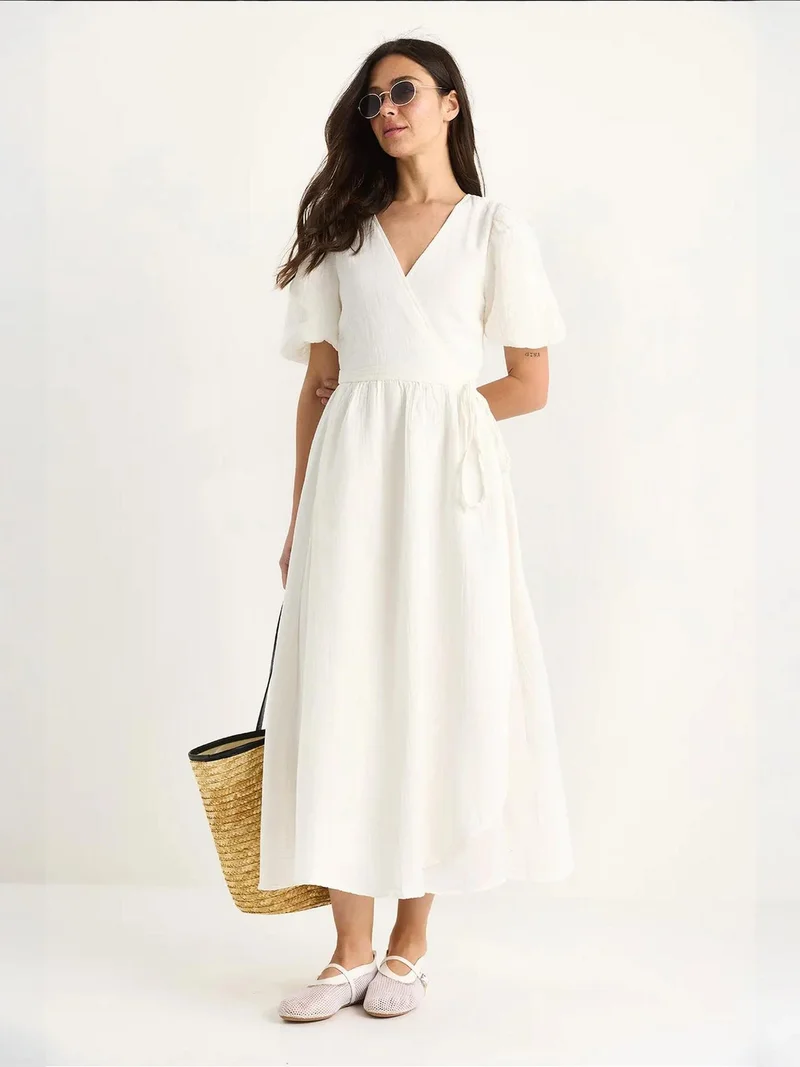 Bianco Lucci LUCCI Textured V-neck Midi Dress with Wrap Closure