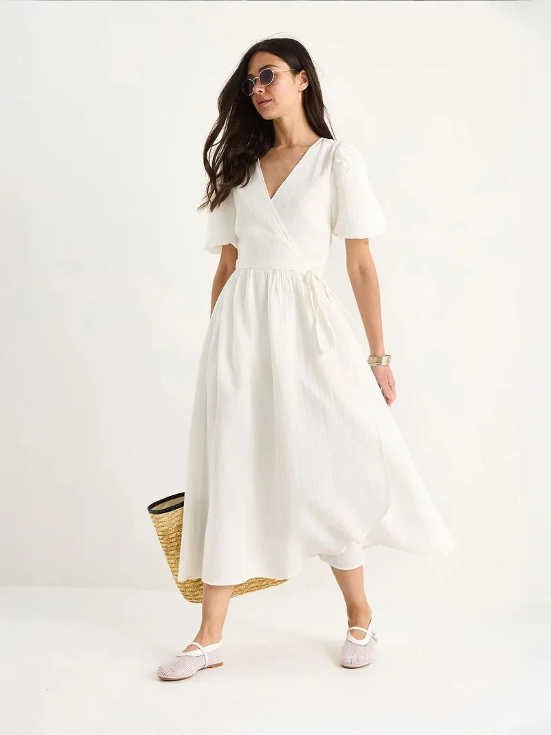 Bianco Lucci Beige Natural LUCCI Textured V-neck Midi Dress with Wrap Closure for Women | Best Price UAE