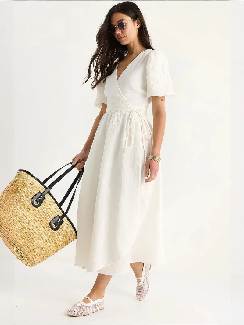 Bianco Lucci LUCCI Textured V-neck Midi Dress with Wrap Closure