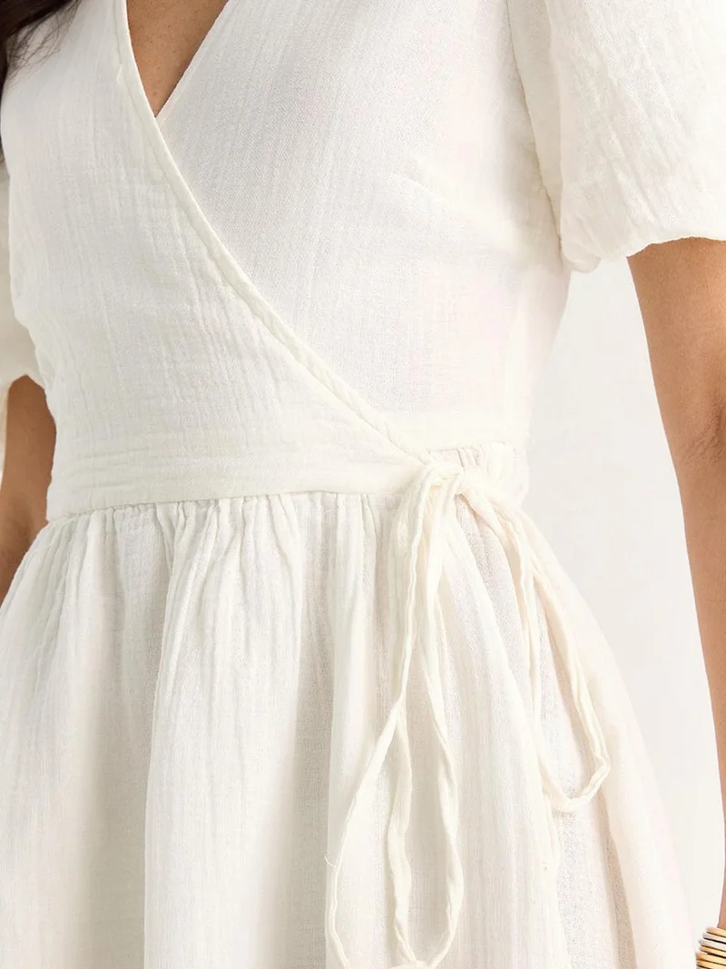 Bianco Lucci Beige Natural LUCCI Textured V-neck Midi Dress with Wrap Closure for Women | Best Price UAE