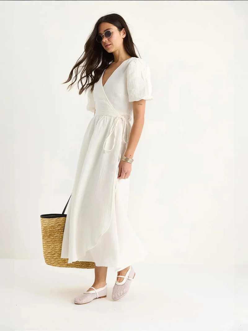 Bianco Lucci Beige Natural LUCCI Textured V-neck Midi Dress with Wrap Closure for Women | Best Price UAE