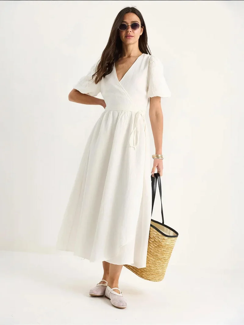 Bianco Lucci Beige Natural LUCCI Textured V-neck Midi Dress with Wrap Closure for Women | Best Price UAE