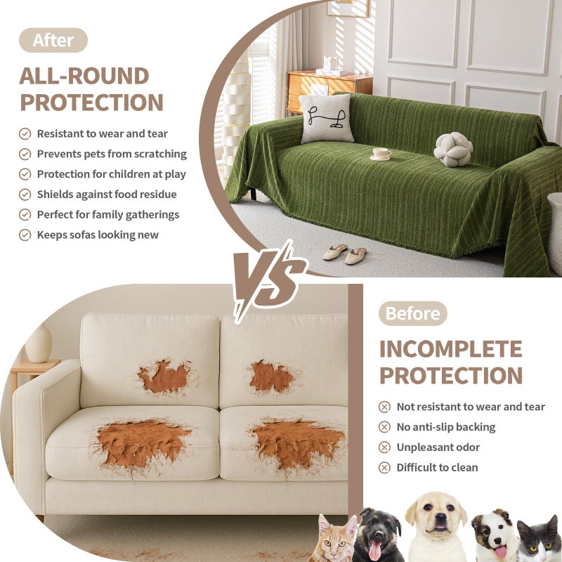 KaviKon Boho Chenille Couch Cover for Dogs, Non Slip Sofa Cover, Couch Slipcover Covers for 3 Cushion, Furniture Protector with Tassels for Pets Washable, 71"x118", Fishbone Green - Image 3