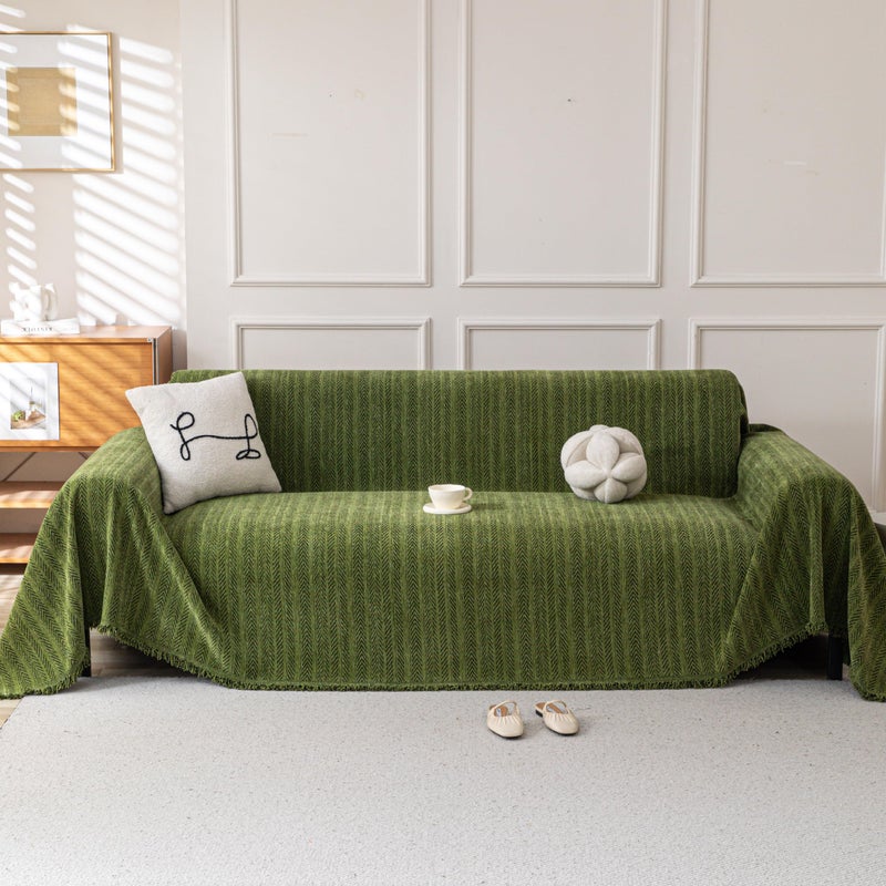 KaviKon Boho Chenille Couch Cover for Dogs, Non Slip Sofa Cover, Couch Slipcover Covers for 3 Cushion, Furniture Protector with Tassels for Pets Washable, 71"x118", Fishbone Green - Image 1