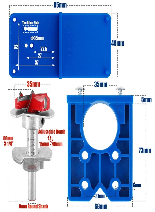 ياكاموز طقم تركيب مفصلات مخفية من ياكاموز مقاس 35 مم - مثقاب فورستنر من الكربيد قابل للتعديل بعمق، قاطع ثقب المفصلات مع دليل حفر مفصلات الأبواب لتثبيت مفصلات أبواب الخزانة - Image 3