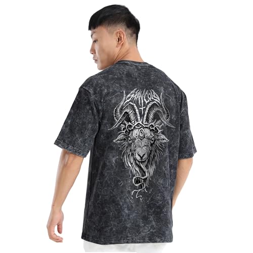 fanideaz Mens Oversized 240 GSM T Shirt Heavy Cotton Acid Wash Graphic Print Round Neck Half Sleeves for Casual Wear_2B_M_Baphomet - Image 2