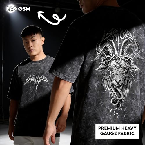 fanideaz Mens Oversized 240 GSM T Shirt Heavy Cotton Acid Wash Graphic Print Round Neck Half Sleeves for Casual Wear_2B_M_Baphomet - Image 3