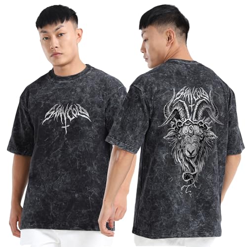 fanideaz Mens Oversized 240 GSM T Shirt Heavy Cotton Acid Wash Graphic Print Round Neck Half Sleeves for Casual Wear_2B_M_Baphomet - Image 1